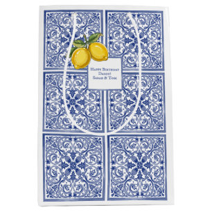 Hand-painted Italian Tiles Amalfi Blue & Lemons Medium Gift Bag