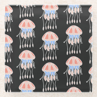 Hand-painted jellyfish, vibrant vintage pattern. glass coaster