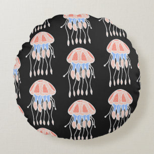 Hand-painted jellyfish, vibrant vintage pattern. round cushion