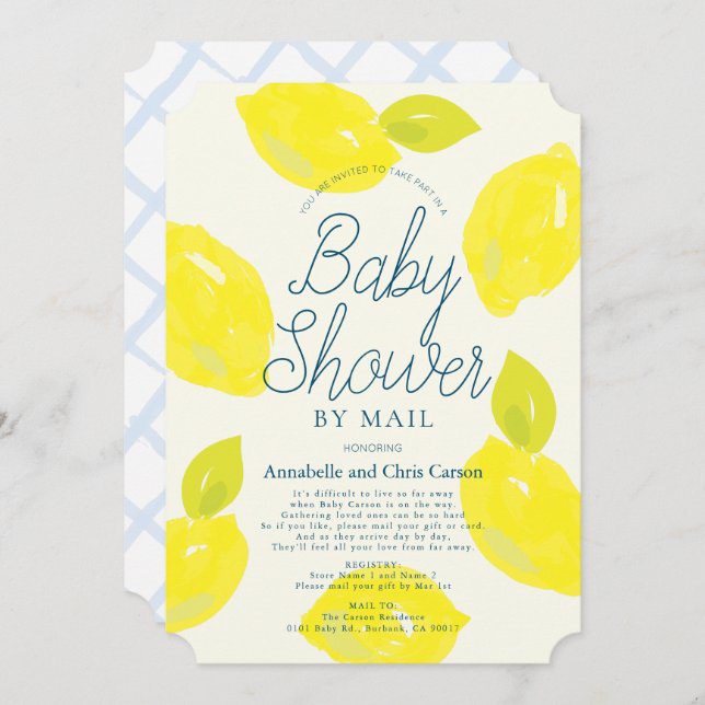Hand Painted Lemon Blue Baby Shower by Mail Invitation (Front/Back)