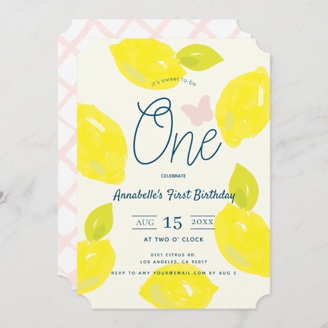 Hand Painted Lemon & Pink Check First Birthday Invitation (Front/Back)