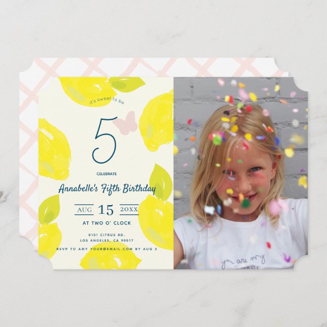 Hand Painted Lemon & Pink Check Photo Birthday Invitation (Front/Back)