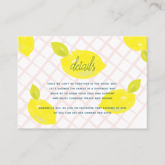 Hand-Painted Lemon & Pink Checks Details Enclosure Card (Front)