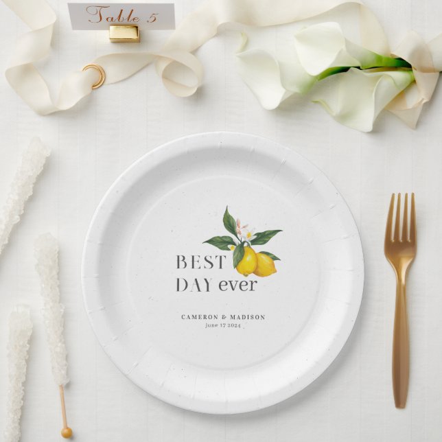 Hand-Painted Lemons With Flower Wedding Paper Plate (Wedding)
