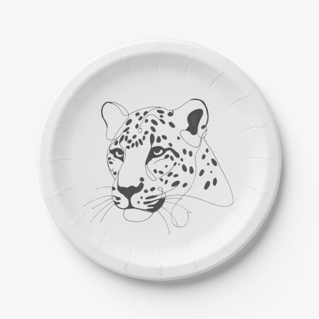 Hand Painted Leopard Minimalist Line Art Paper Plate (Front)