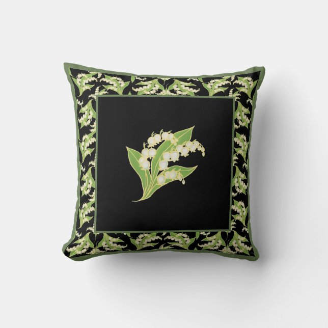 Hand-painted Lilies-of-the-Valley on Black Cushion (Front)