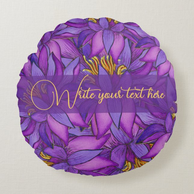 Hand-Painted Lotus Flower Round Cushion (Front)