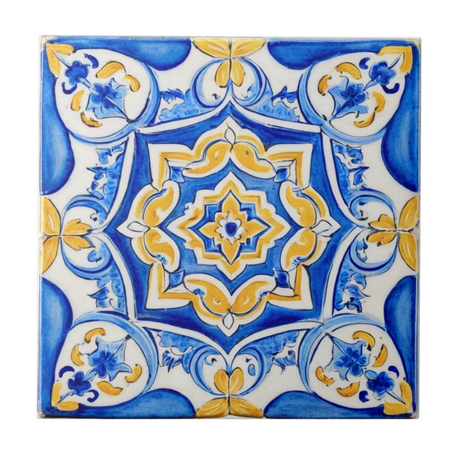 Hand-Painted Majolica Pattern Ceramic Tile (Front)
