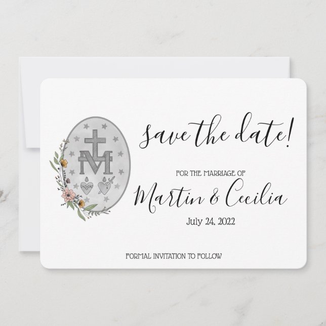 Hand-painted Miraculous Medal Save the Date Card (Front)