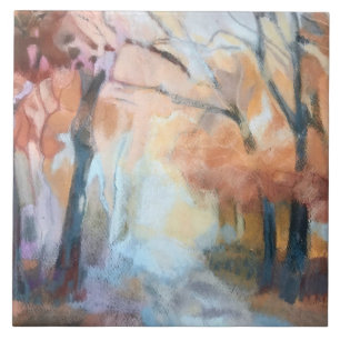 Hand painted modern orange yellow brown trees ceramic tile