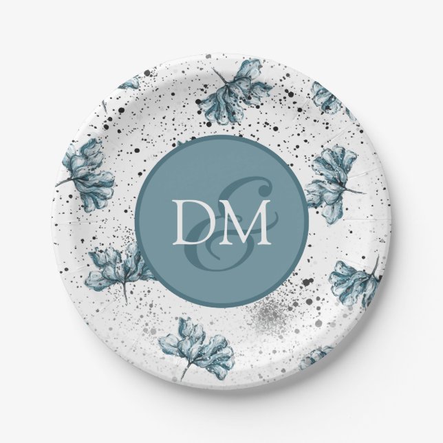 Hand painted Monogram blue Floral Paper Plate (Front)