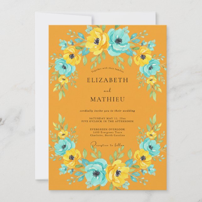 Hand Painted Mustard Turquoise Painted Wedding Invitation (Front)