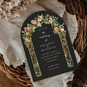 Hand painted nouveau rose arch black wedding invitation