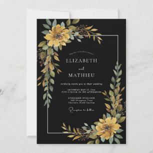 Hand Painted Ochre Leafy Charcoal Wedding Invitation