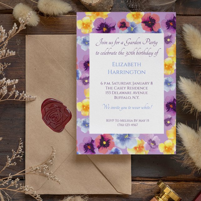 Hand-Painted Pansies Floral Garden Party Birthday Invitation (With its purple background, this pansy wildflower invitation could be for a day or evening event!)