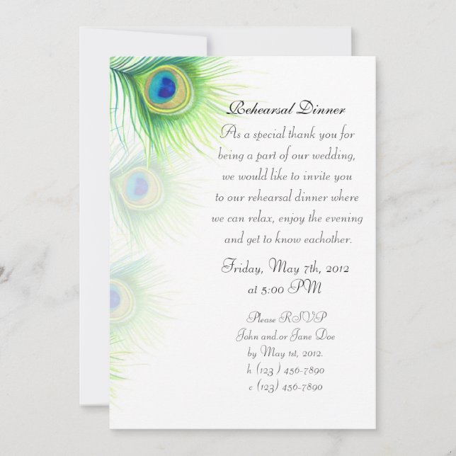 Hand Painted Peacock Feathers Rehearsal Dinner Invitation (Front)