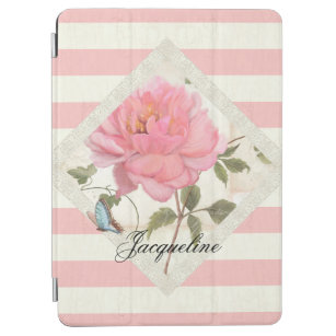 Hand Painted Peony Pink Striped w Blue Butterfly iPad Air Cover