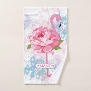 Hand painted Personalised pink flamingo Towel