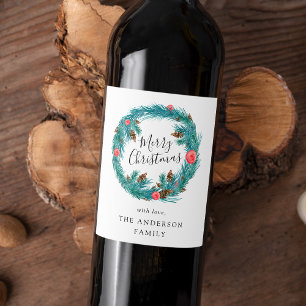 Hand-Painted Pine Wreath Holiday Wine Label