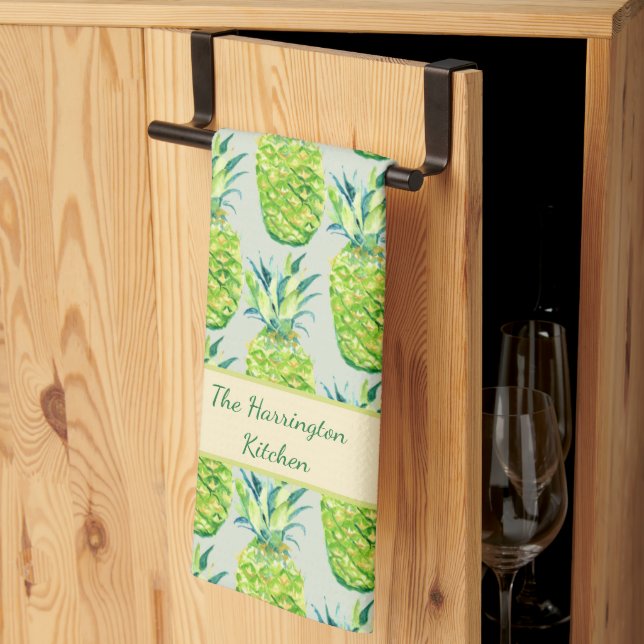 Hand-Painted PIneapple Personalised Watercolor Tea Towel (Thirds Fold)
