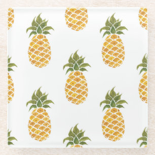 Hand-painted pineapples, watercolor background. glass coaster