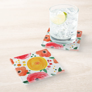Hand Painted Pink and Yellow Watercolor Floral Glass Coaster