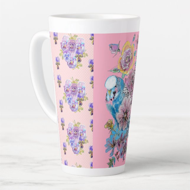 Hand Painted Pink Blue Budgie floral Latte Mug (Left Angle)
