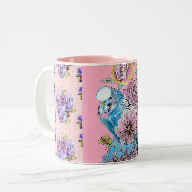 Hand Painted Pink Blue Budgie floral Mug (Front Left)