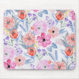Hand painted pink coral watercolor flowers mouse pad