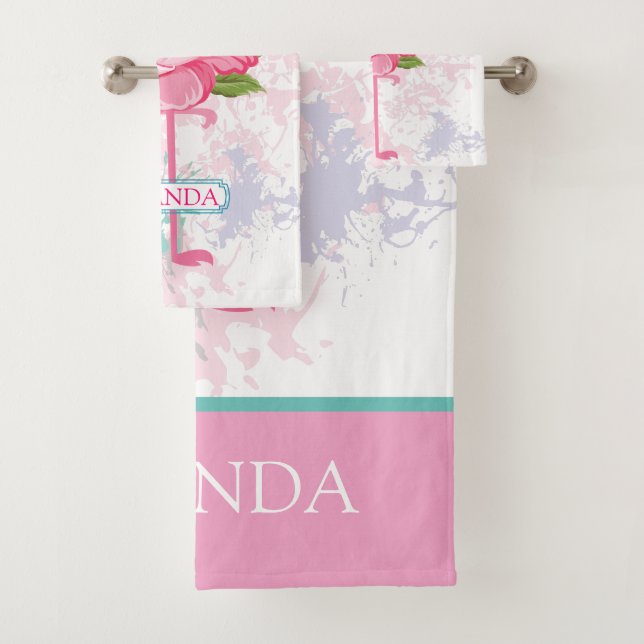 Hand painted pink flamingo Personalised Bath Towel Set (Insitu)