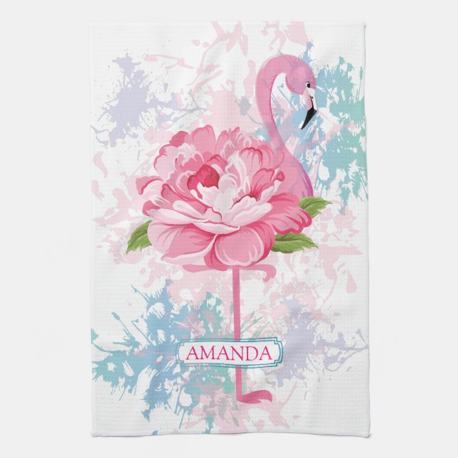 Hand painted pink flamingo tea towel (Vertical)