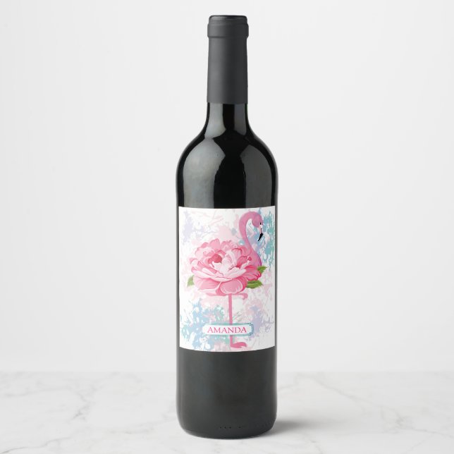 Hand painted pink flamingo wine label (Front)
