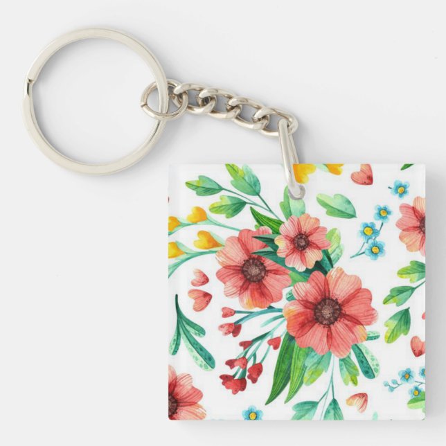 Hand Painted Pink Flowers Floral Pattern-23498 Key Ring (Front)