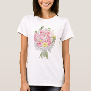 hand painted Pink rose and yellow daisy bouquet T-Shirt