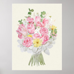 hand painted Pink rose and yellow daisy bouquet wa Poster