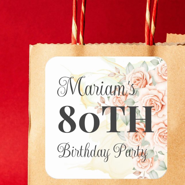 Hand Painted Pink Roses 80th Birthday Party Square Sticker (Creator Uploaded)