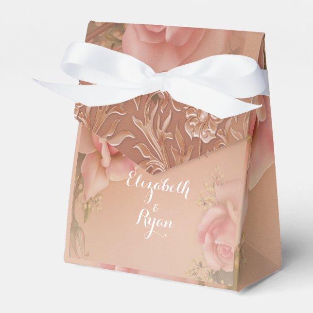 Hand Painted Pink Roses Gold Filigree Favour Box (Front Side)