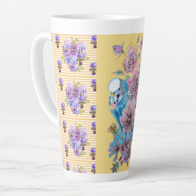 Hand Painted Pink Yellow Budgie floral Latte Mug (Left Angle)