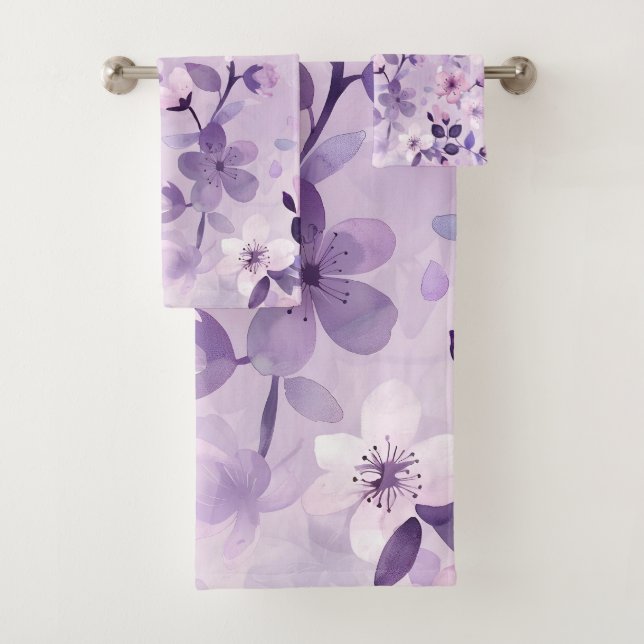 Hand painted purple cherry blossoms bath towel set (Insitu)
