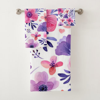 Hand painted purple flowers bath towel set