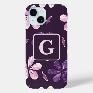 Hand painted purple flowers personalised monogram iPhone 15 case