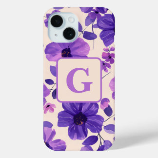 Hand painted purple flowers personalised monogram iPhone 15 case