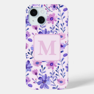 Hand painted purple flowers personalised monogram iPhone 15 case