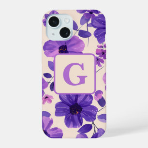 Hand painted purple flowers personalised monogram iPhone 15 case