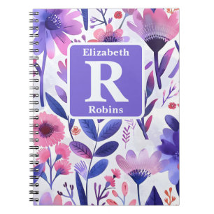 Hand painted purple flowers personalised monogram notebook