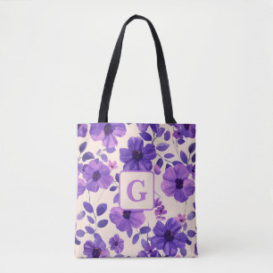 Hand painted purple flowers personalized monogram  tote bag