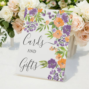 Hand Painted Purple Orange Floral Bridal Shower Pedestal Sign