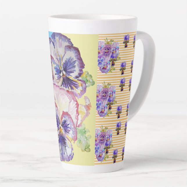 Hand Painted Purple Pansy Pansies floral Latte Mug (Right Angle)