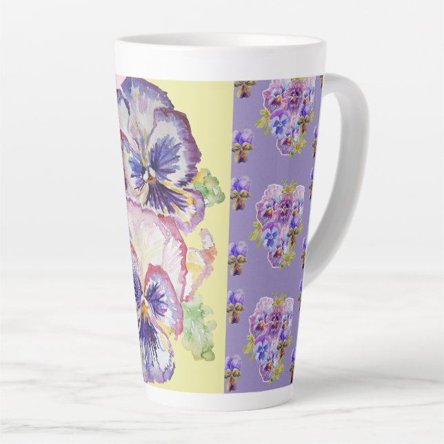 Hand Painted Purple Pansy Pansies floral Latte Mug (Right Angle)