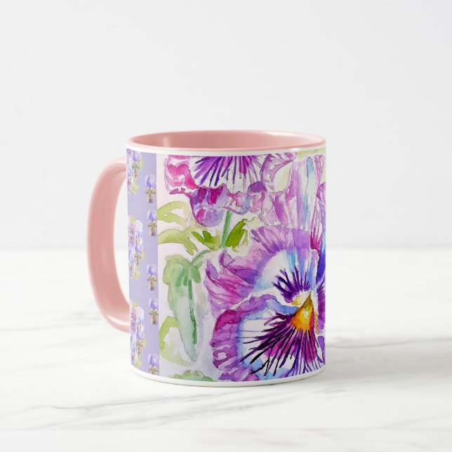 Hand Painted Purple Pansy Pansies floral Latte Mug (Front Left)